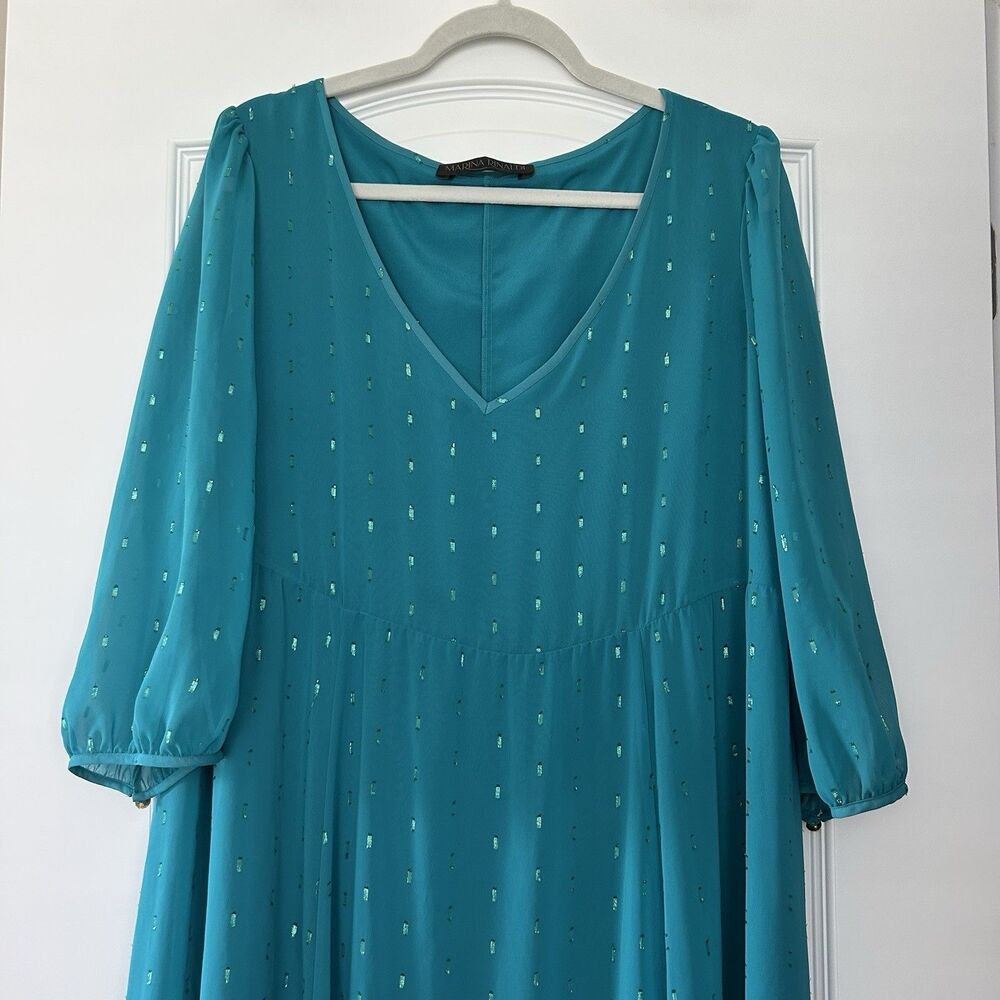 Marina Rinaldi Maxi Dress US 12 Sheer Tiered Teal V Neck Elegant Polyester Flowy